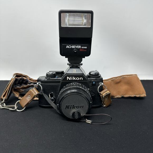 Nikon EM 35mm SLR Film Camera with 50mm f/1.8 Lens and Flash Tested Working - Picture 1 of 9